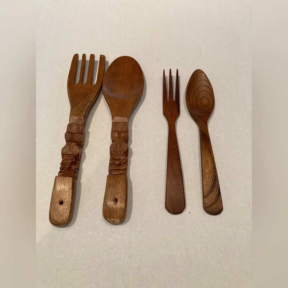 Vintage MCM Large Wooden Spoon and Fork Wall Hanging Tiki Totem Decor Lot of 4